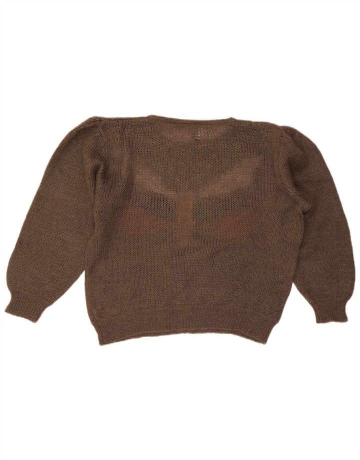 VINTAGE Womens Crop Crew Neck Jumper Sweater UK 16 Large Brown Butterfly