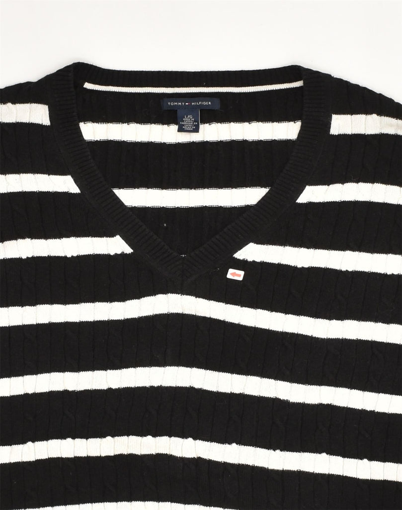 TOMMY HILFIGER Womens V-Neck Jumper Sweater UK 14 Large Black Striped | Vintage Tommy Hilfiger | Thrift | Second-Hand Tommy Hilfiger | Used Clothing | Messina Hembry 