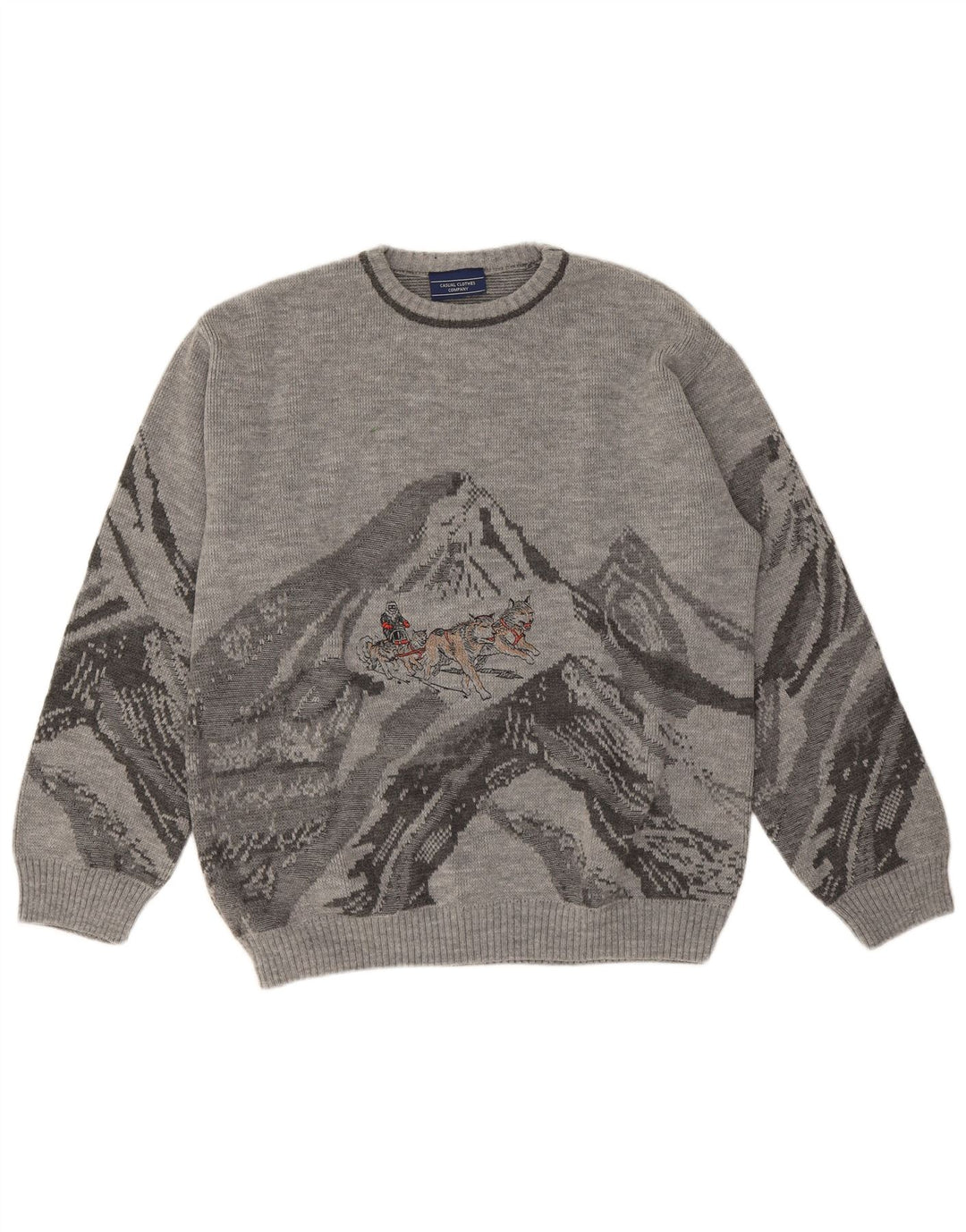 Vintage Mens Graphic Crew Neck Jumper Sweater Large Grey Polyacrylic