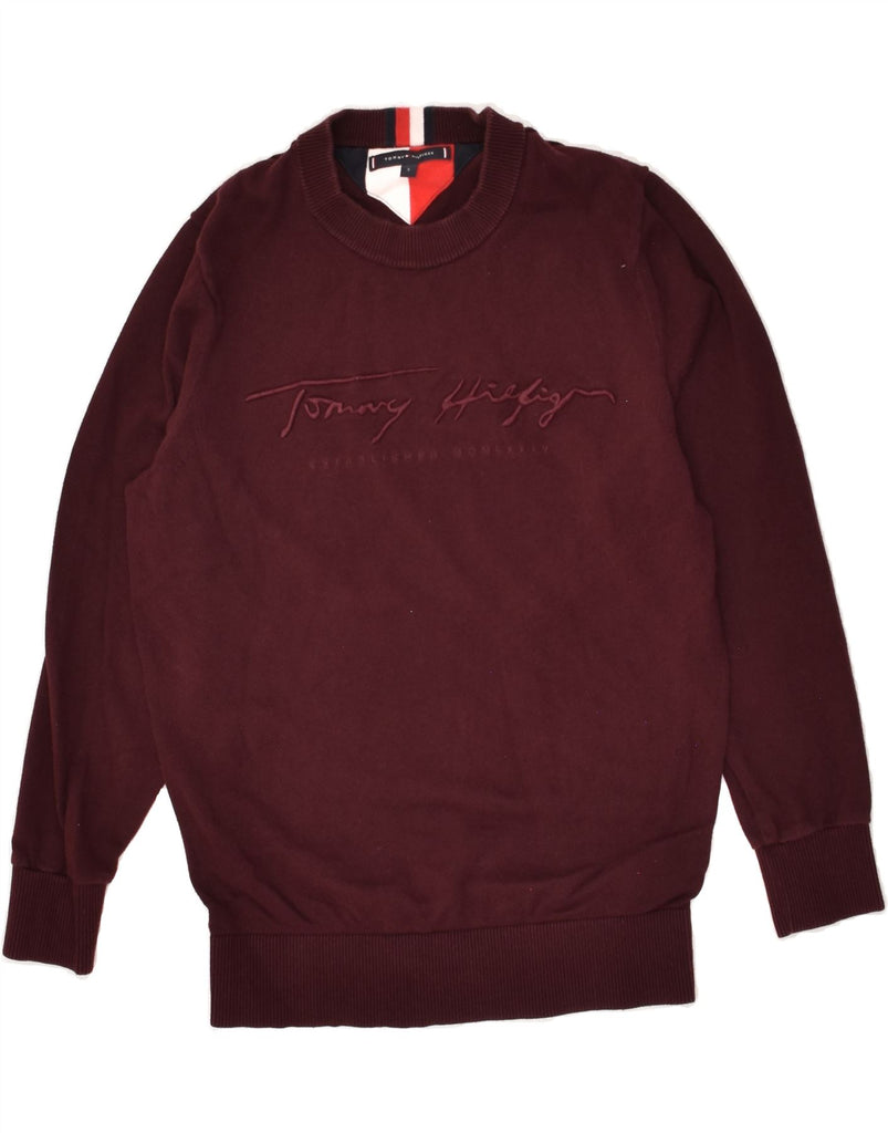 TOMMY HILFIGER Womens Graphic Sweatshirt Jumper UK 10 Small Burgundy | Vintage Tommy Hilfiger | Thrift | Second-Hand Tommy Hilfiger | Used Clothing | Messina Hembry 