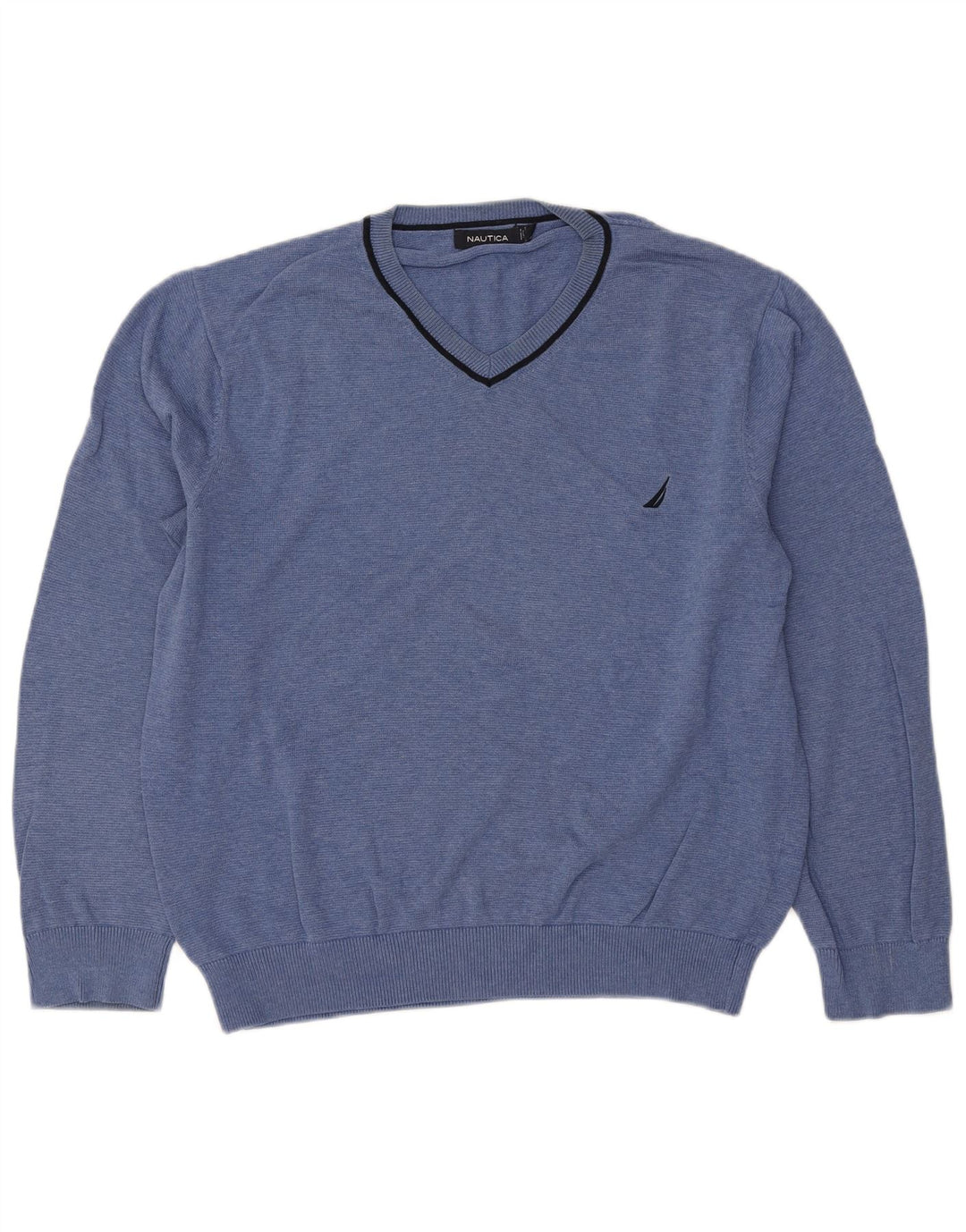 Nautica Mens V-Neck Jumper Sweater Large Blue Cotton