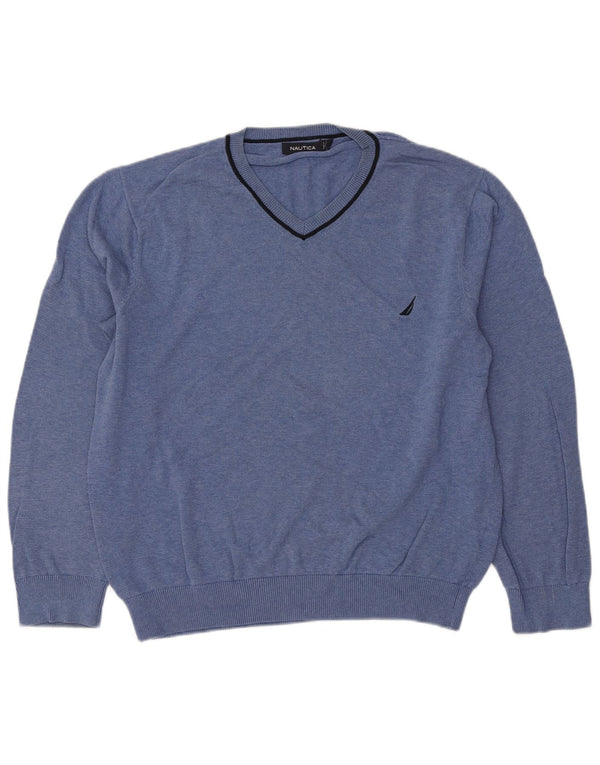 Nautica Mens V-Neck Jumper Sweater Large Blue Cotton