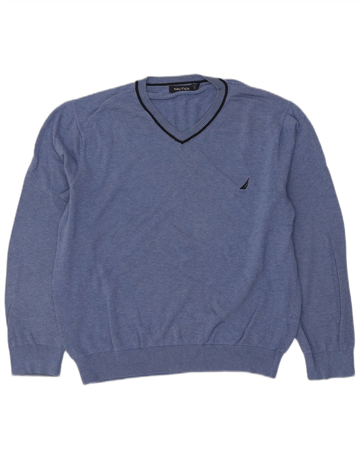 Nautica Mens V-Neck Jumper Sweater Large Blue Cotton