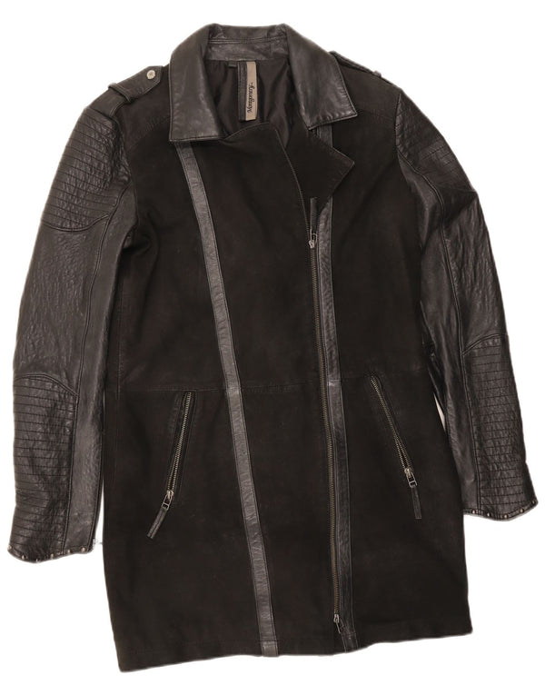 MONTGOMERY Womens Leather Coat UK 12 Medium Black Colourblock