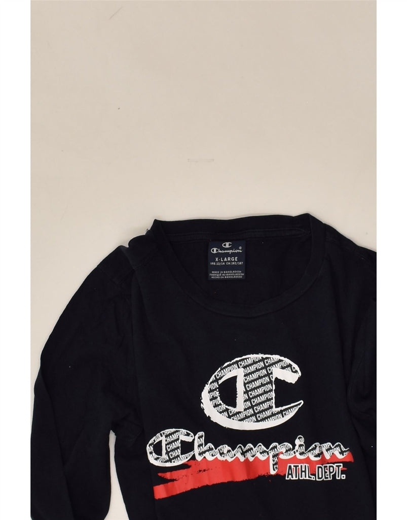 CHAMPION Boys Graphic Top Long Sleeve 13-14 Years XL Navy Blue Cotton | Vintage Champion | Thrift | Second-Hand Champion | Used Clothing | Messina Hembry 