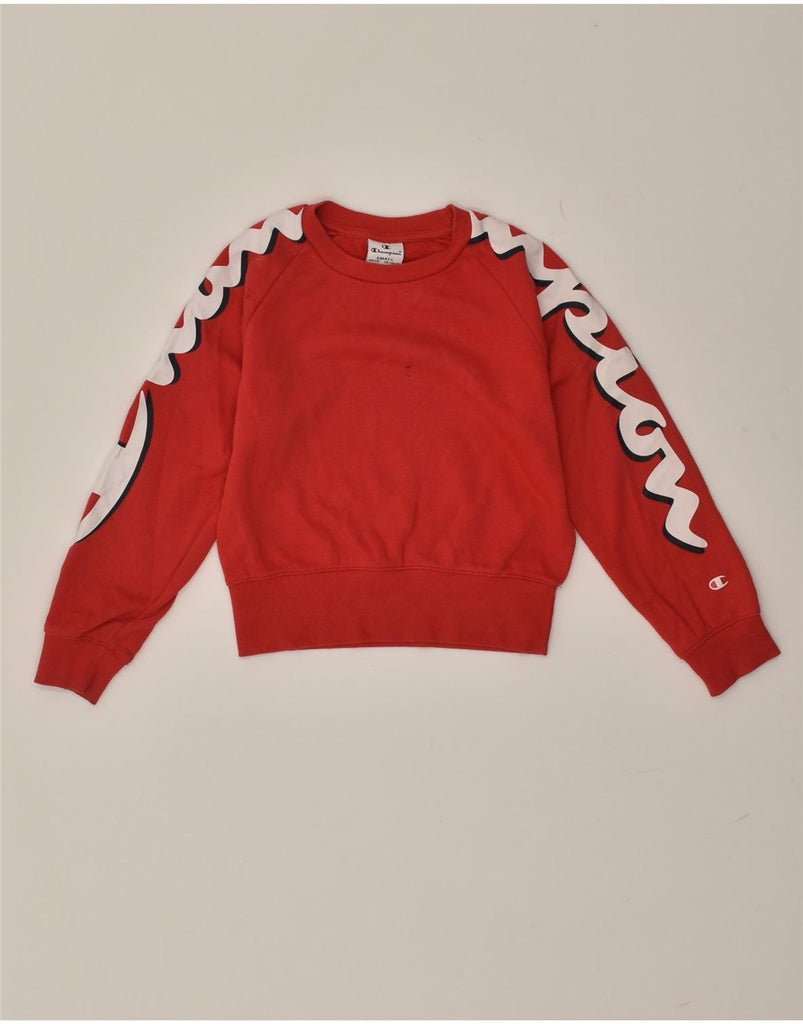 CHAMPION Girls Graphic Sweatshirt Jumper 7-8 Years Small Red Cotton | Vintage Champion | Thrift | Second-Hand Champion | Used Clothing | Messina Hembry 