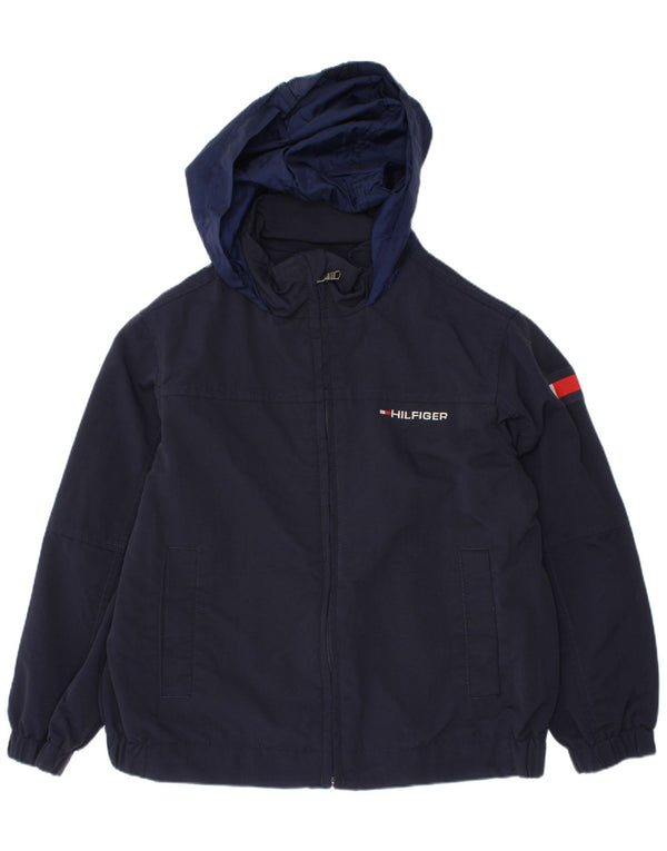 TOMMY HILFIGER Boys Hooded Rain Jacket 4-5 Years XS Navy Blue Colourblock