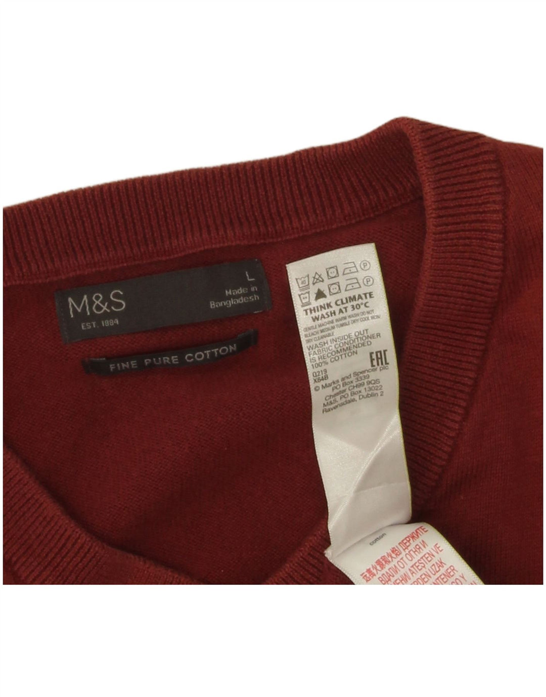 Marks & Spencer Mens V-Neck Jumper Sweater Large Maroon Cotton