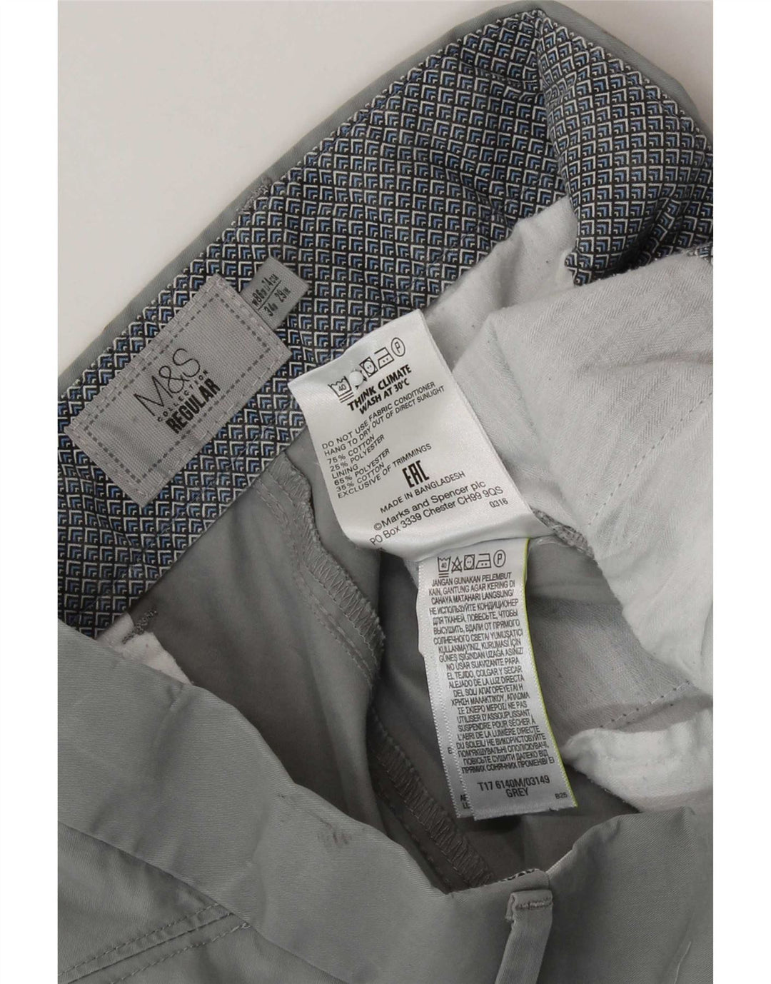 Marks & Spencer Mens Regular Chino Trousers W34 L29 Grey Cotton