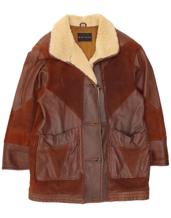 Maviche Womens Oversized Leather Coat UK 12 Medium Brown Colourblock