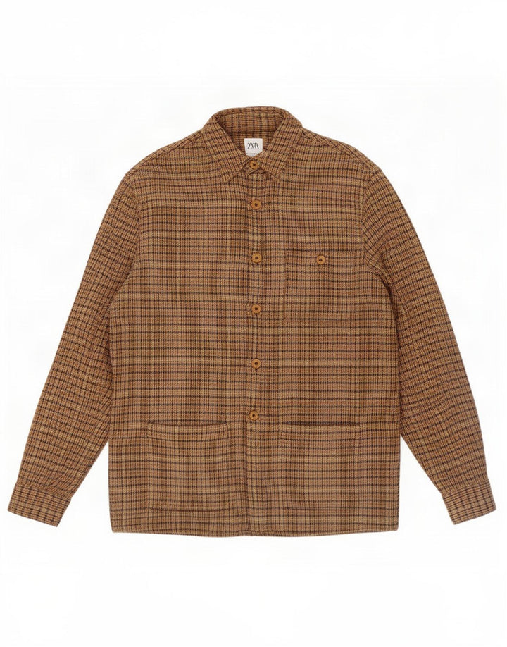 Zara Mens Overshirt Relaxed Fit Flannel Shirt Medium Brown Houndstooth