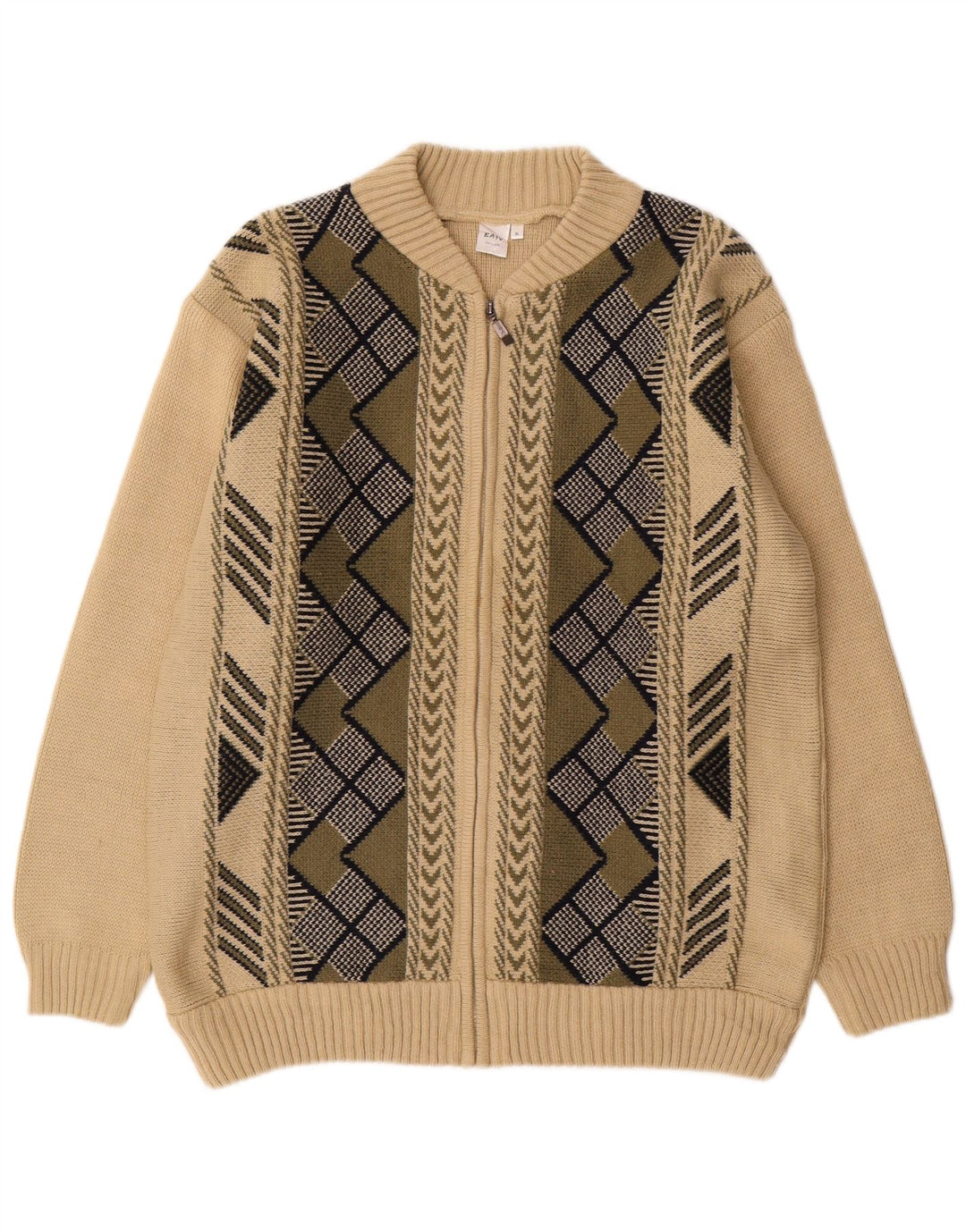 VINTAGE Mens Cardigan Sweater XL Beige Geometric Acrylic