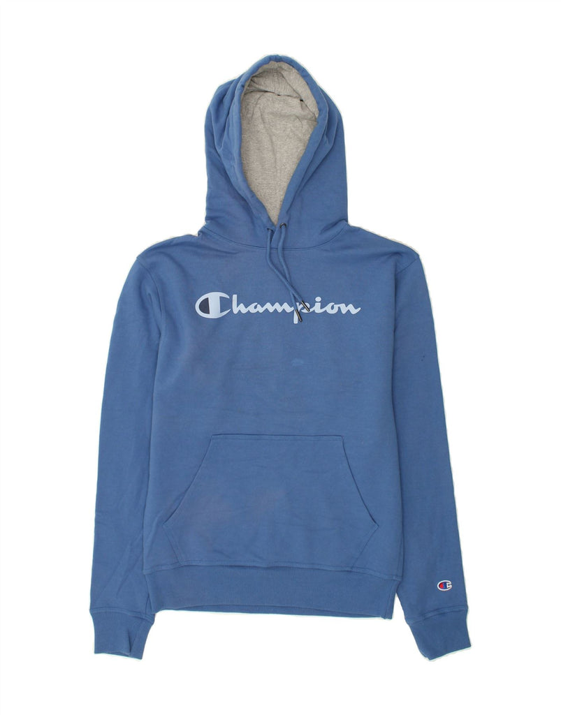 CHAMPION Mens Graphic Hoodie Jumper Small Blue Cotton | Vintage Champion | Thrift | Second-Hand Champion | Used Clothing | Messina Hembry 