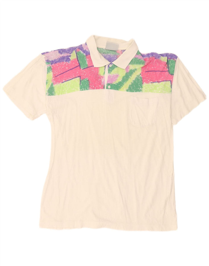 Vintage Mens Polo Shirt Medium White Geometric