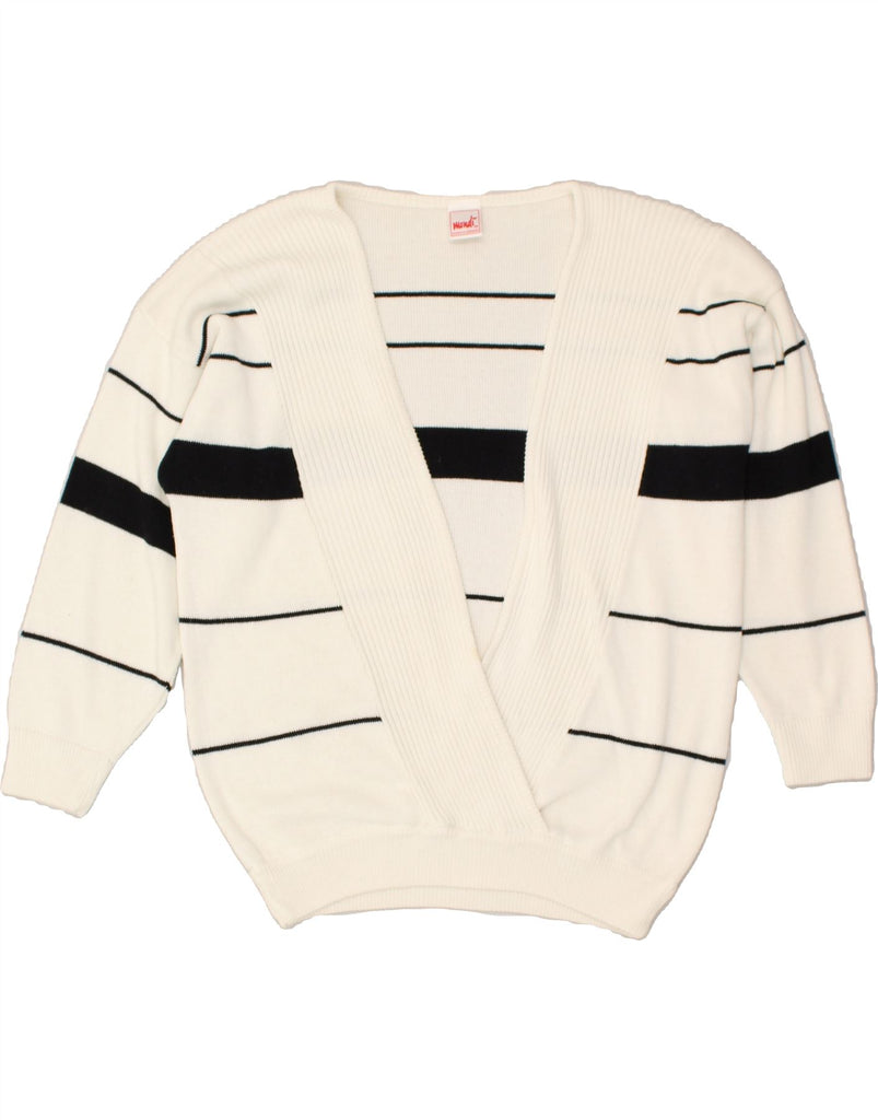 MONDI Womens V-Neck Jumper Sweater EU 38 Medium White Striped Cotton | Vintage Mondi | Thrift | Second-Hand Mondi | Used Clothing | Messina Hembry 