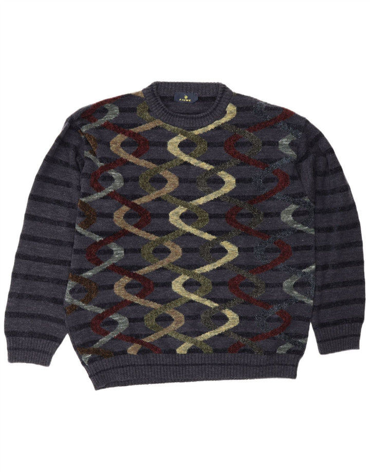 Fiume Mens Abstract Pattern Crew Neck Jumper Sweater XL Navy Blue Striped