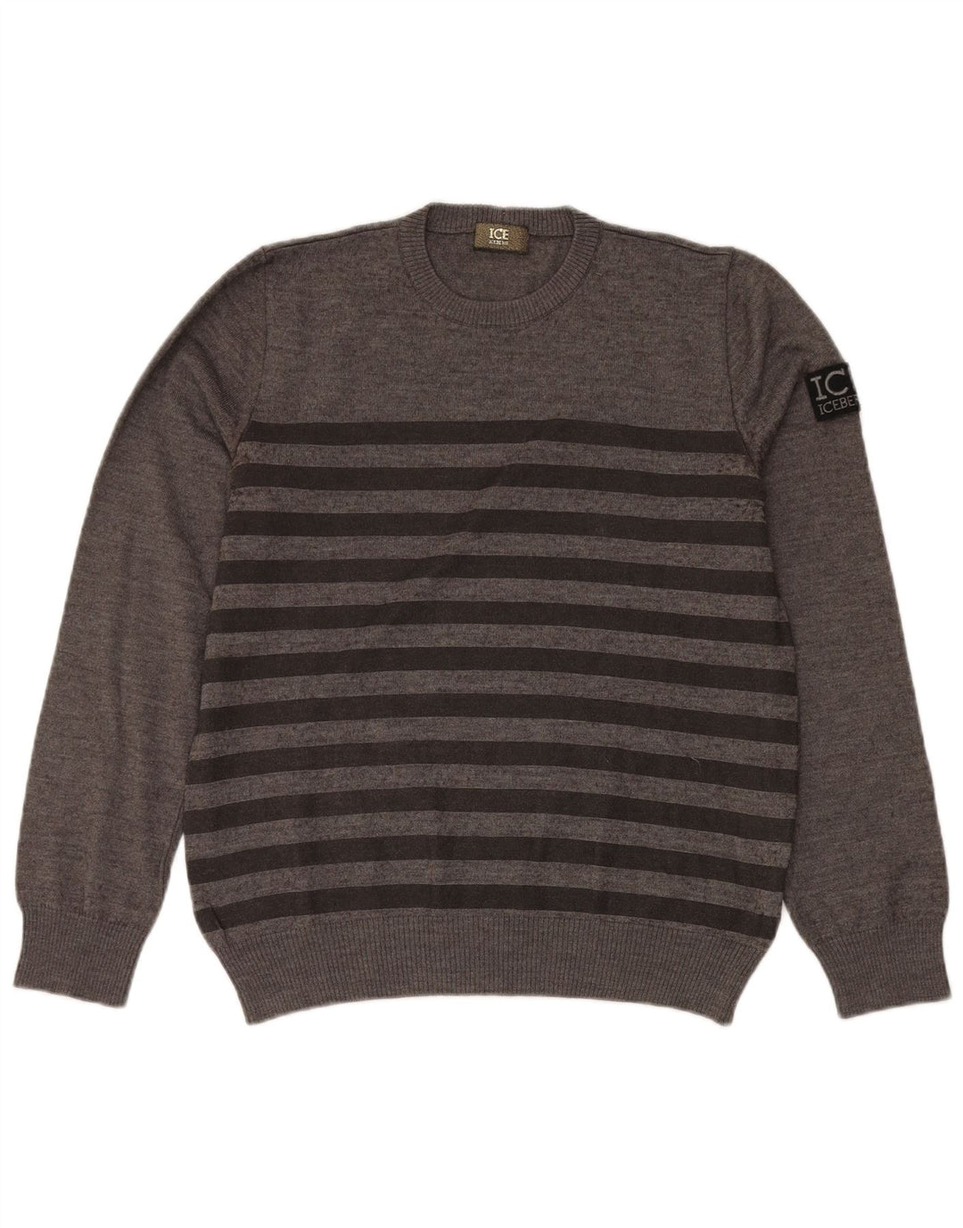 Iceberg Womens Crew Neck Jumper Sweater UK 16 Large Grey Striped Wool