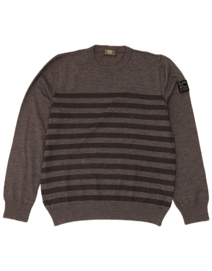 Iceberg Womens Crew Neck Jumper Sweater UK 16 Large Grey Striped Wool
