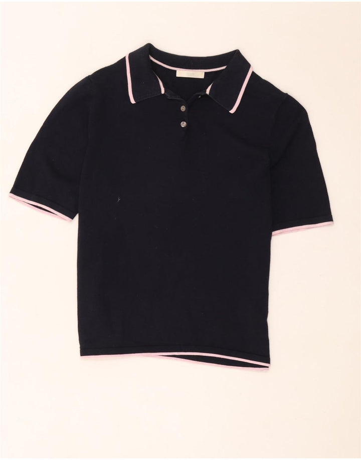 Marks & Spencer Womens Polo Shirt UK 14 Medium Navy Blue Striped Cotton