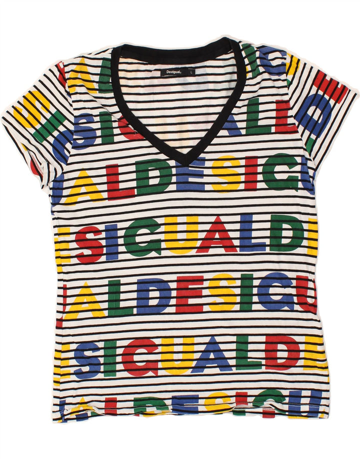 DESIGUAL Womens Graphic T-Shirt Top UK 14 Medium Multicoloured Striped