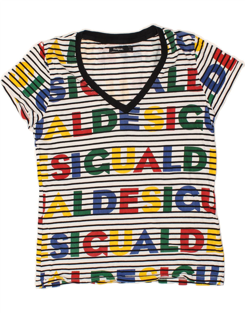 DESIGUAL Womens Graphic T-Shirt Top UK 14 Medium Multicoloured Striped | Vintage Desigual | Thrift | Second-Hand Desigual | Used Clothing | Messina Hembry 