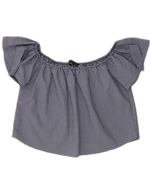 Zara Womens Crop Off Shoulder Top UK 10 Small Navy Blue Gingham