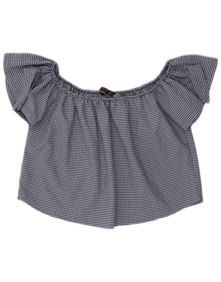 Zara Womens Crop Off Shoulder Top UK 10 Small Navy Blue Gingham