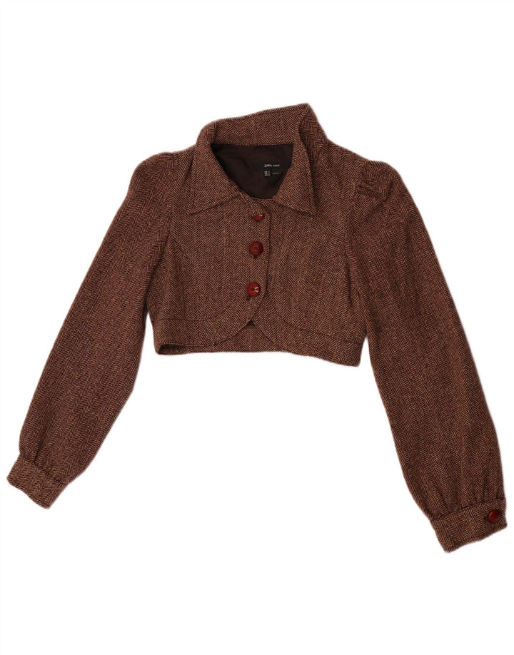 Zara Womens Bolero Jacket UK 10 Small Brown Herringbone Wool