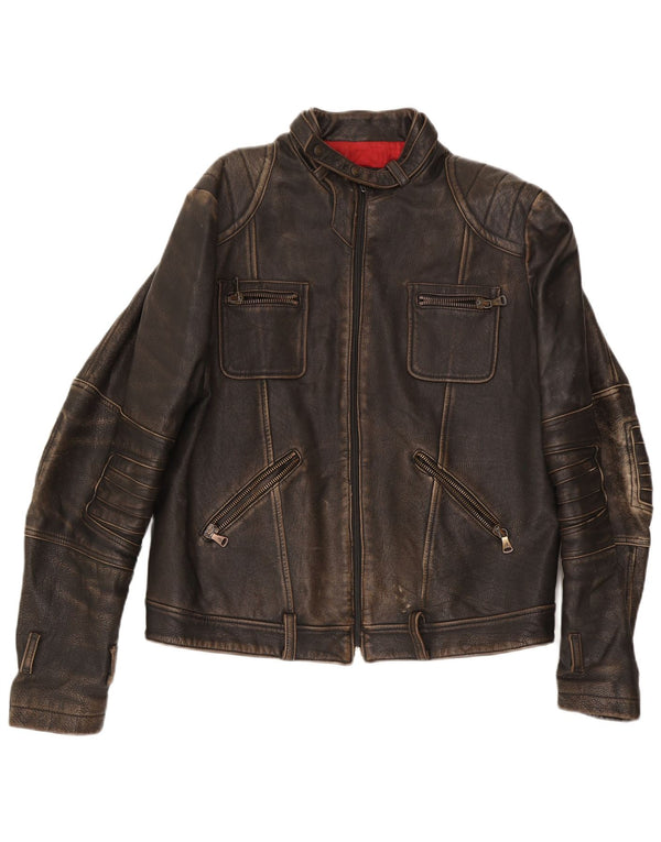 GF Ferre Mens Leather Racer Jacket UK 42 XL Brown Leather