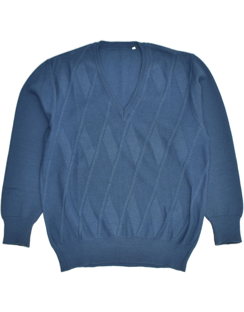 VINTAGE Mens V-Neck Jumper Sweater IT 52 Large Blue Geometric Wool | Vintage Vintage | Thrift | Second-Hand Vintage | Used Clothing | Messina Hembry 