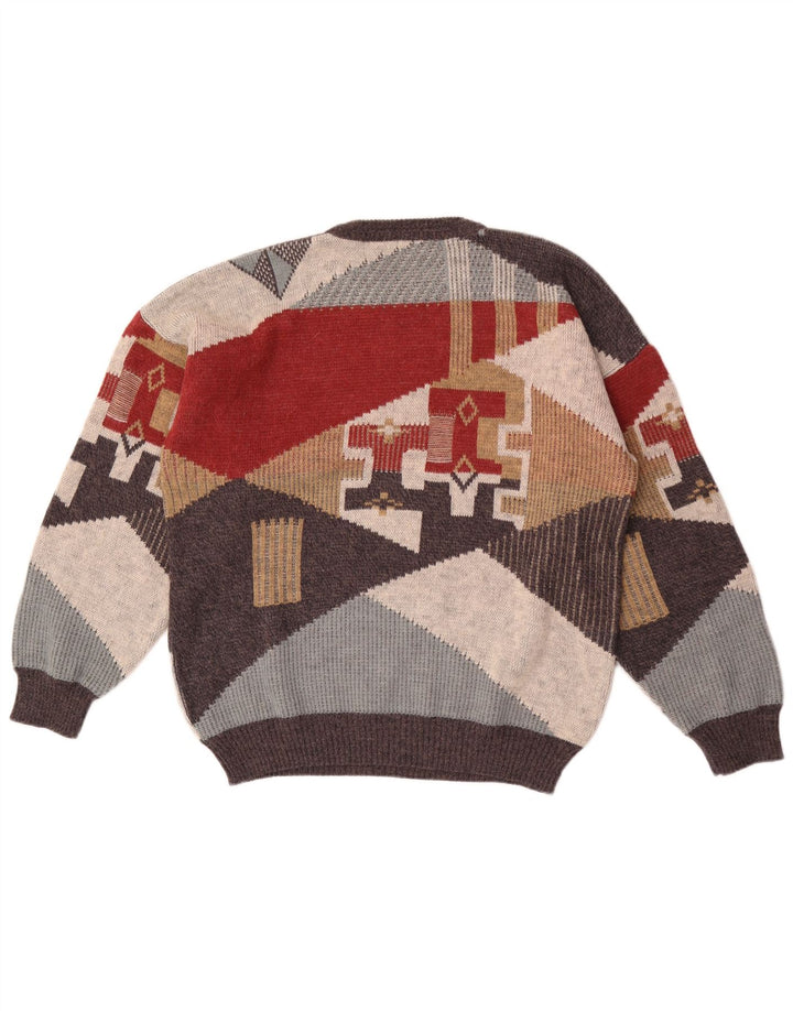 Vintage Mens Crew Neck Jumper Sweater Large Multicoloured Geometric