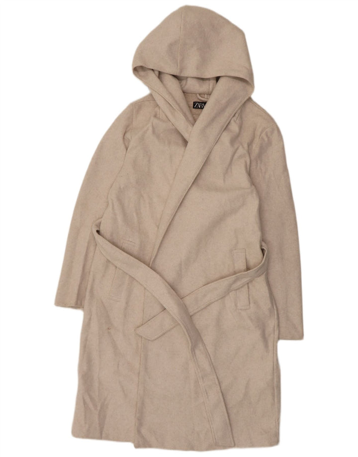 Zara Womens Hooded Overcoat UK 12 Medium Beige Polyester