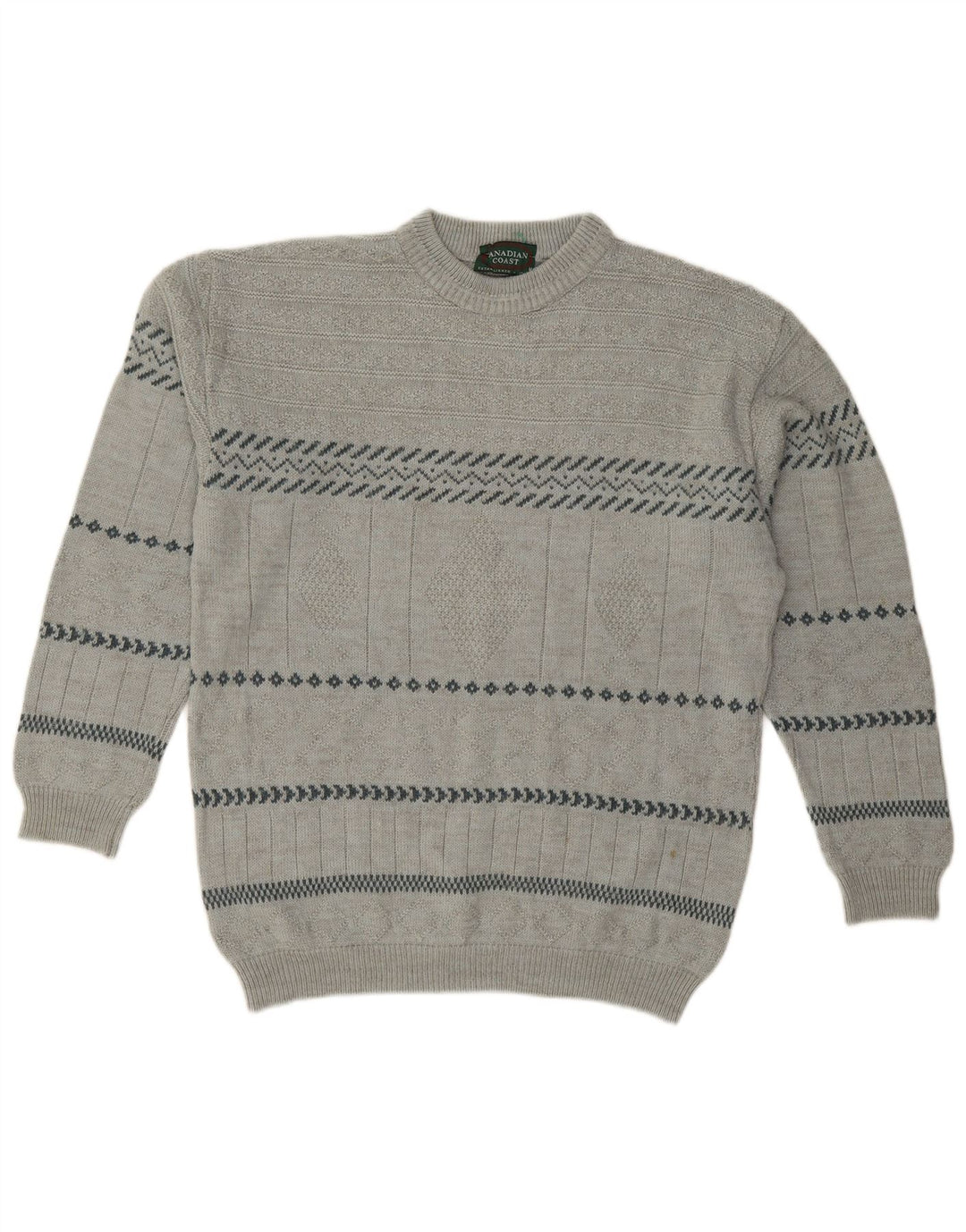 CANADIAN Mens Crew Neck Jumper Sweater Medium Grey Striped Acrylic