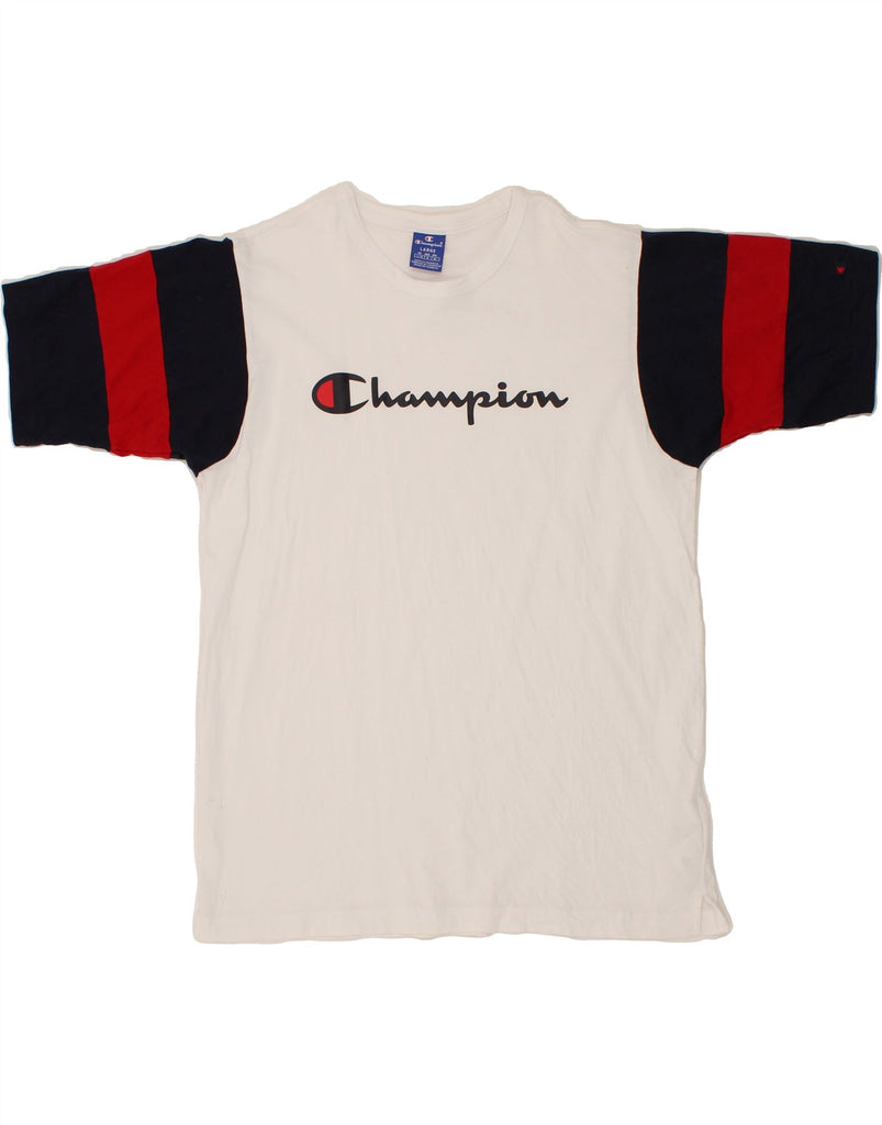 CHAMPION Mens Graphic T-Shirt Top Large White Colourblock Cotton Vintage Champion and Second-Hand Champion from Messina Hembry 