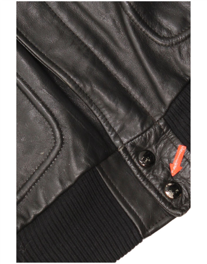 Vintage Mens Leather Military Jacket UK 38 Medium Black Leather