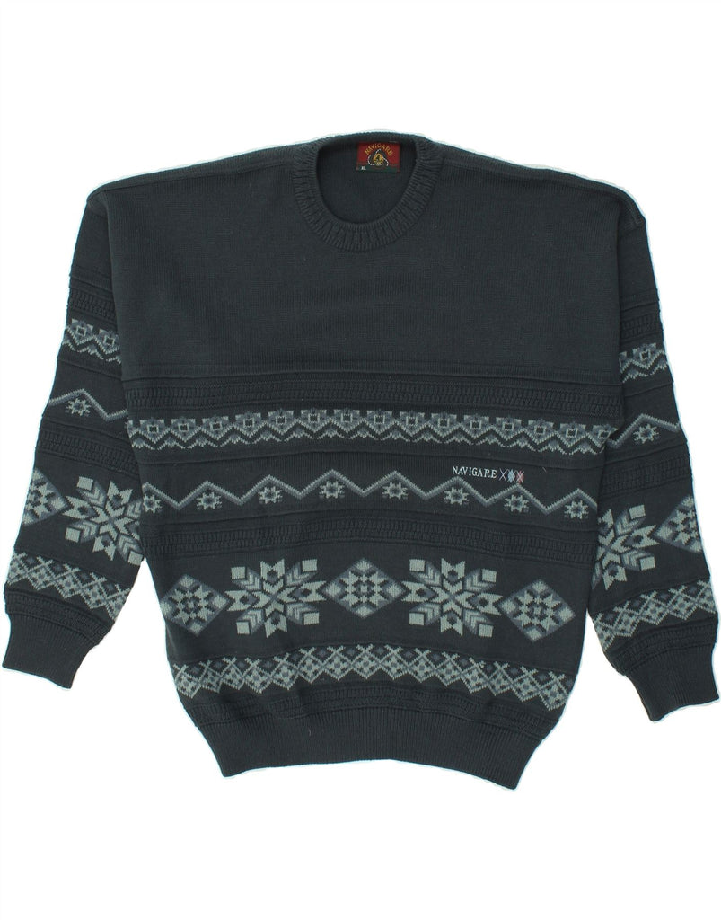 NAVIGARE Mens Crew Neck Jumper Sweater XL Grey Fair Isle Wool Vintage Navigare and Second-Hand Navigare from Messina Hembry 