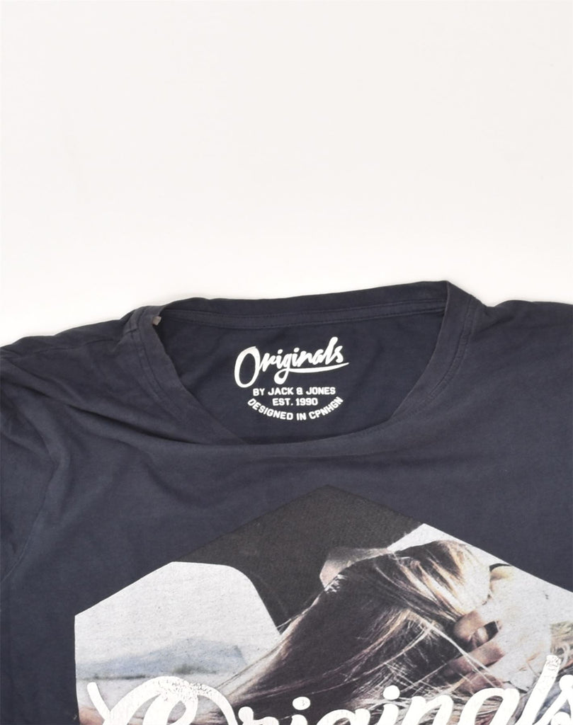 JACK & JONES Mens Originals Graphic T-Shirt Top Small Navy Blue Cotton | Vintage Jack & Jones | Thrift | Second-Hand Jack & Jones | Used Clothing | Messina Hembry 