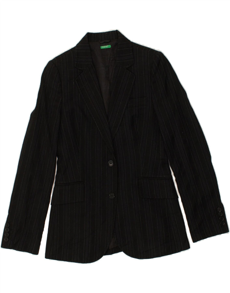 BENETTON Womens 2 Button Blazer Jacket IT 40 Small Black Pinstripe Wool | Vintage Benetton | Thrift | Second-Hand Benetton | Used Clothing | Messina Hembry 