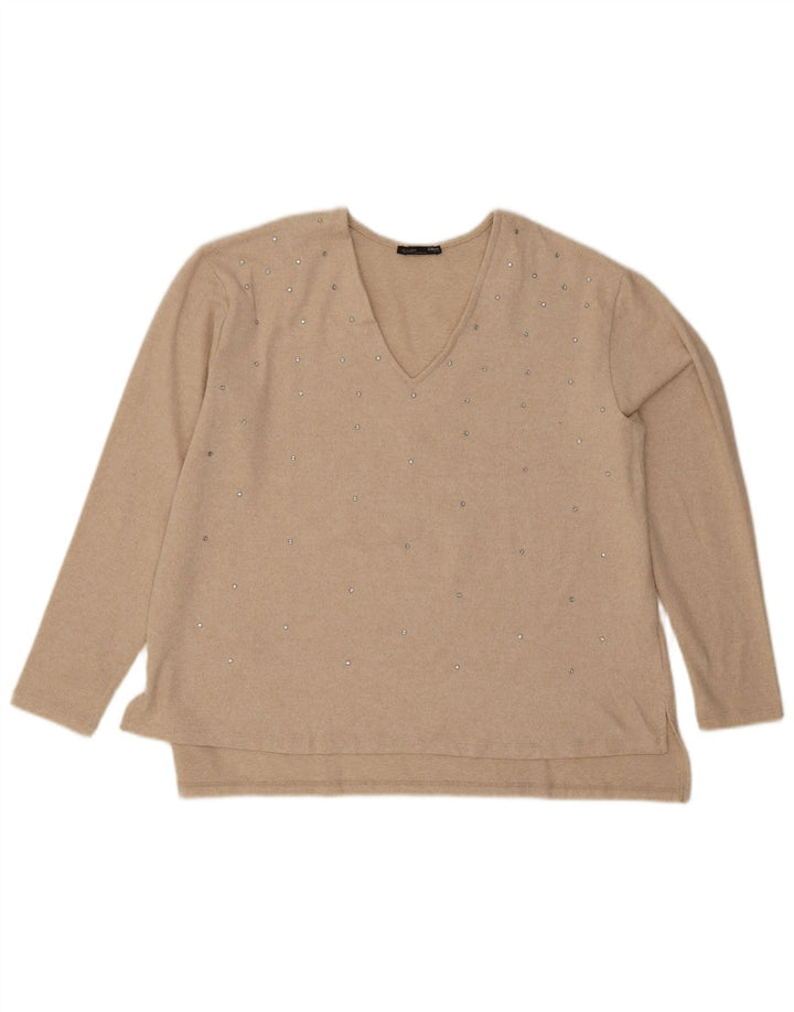 Zara Womens V-Neck Jumper Sweater UK 16 Large Beige Polyester