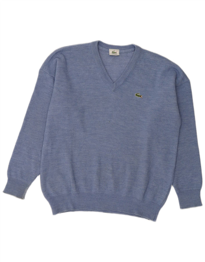 Lacoste Mens V-Neck Jumper Sweater Size 5 Large Blue Wool