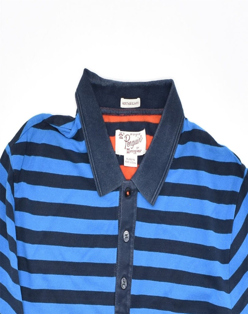 PENGUIN Mens Slim Herritage Fit Polo Shirt XL Blue Striped Cotton | Vintage | Thrift | Second-Hand | Used Clothing | Messina Hembry 