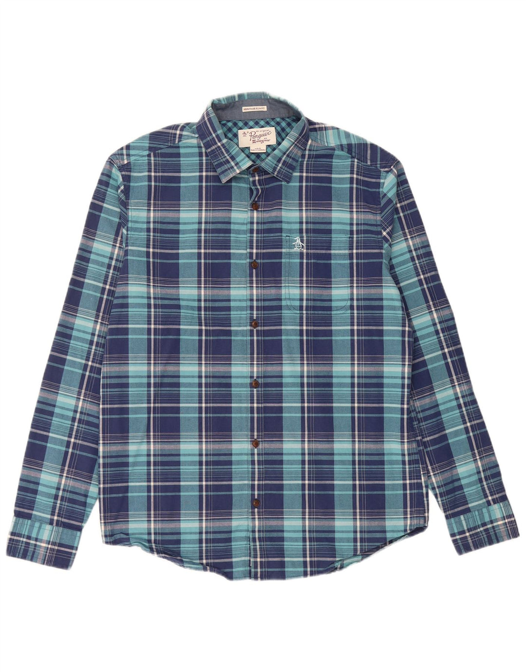 Penguin Mens Heritage Slim Fit Shirt Large Navy Blue Check Cotton