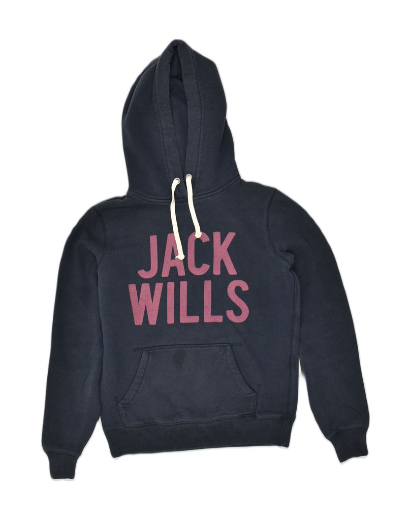 JACK WILLS Womens Graphic Hoodie Jumper UK 8 Small Navy Blue Cotton | Vintage Jack Wills | Thrift | Second-Hand Jack Wills | Used Clothing | Messina Hembry 