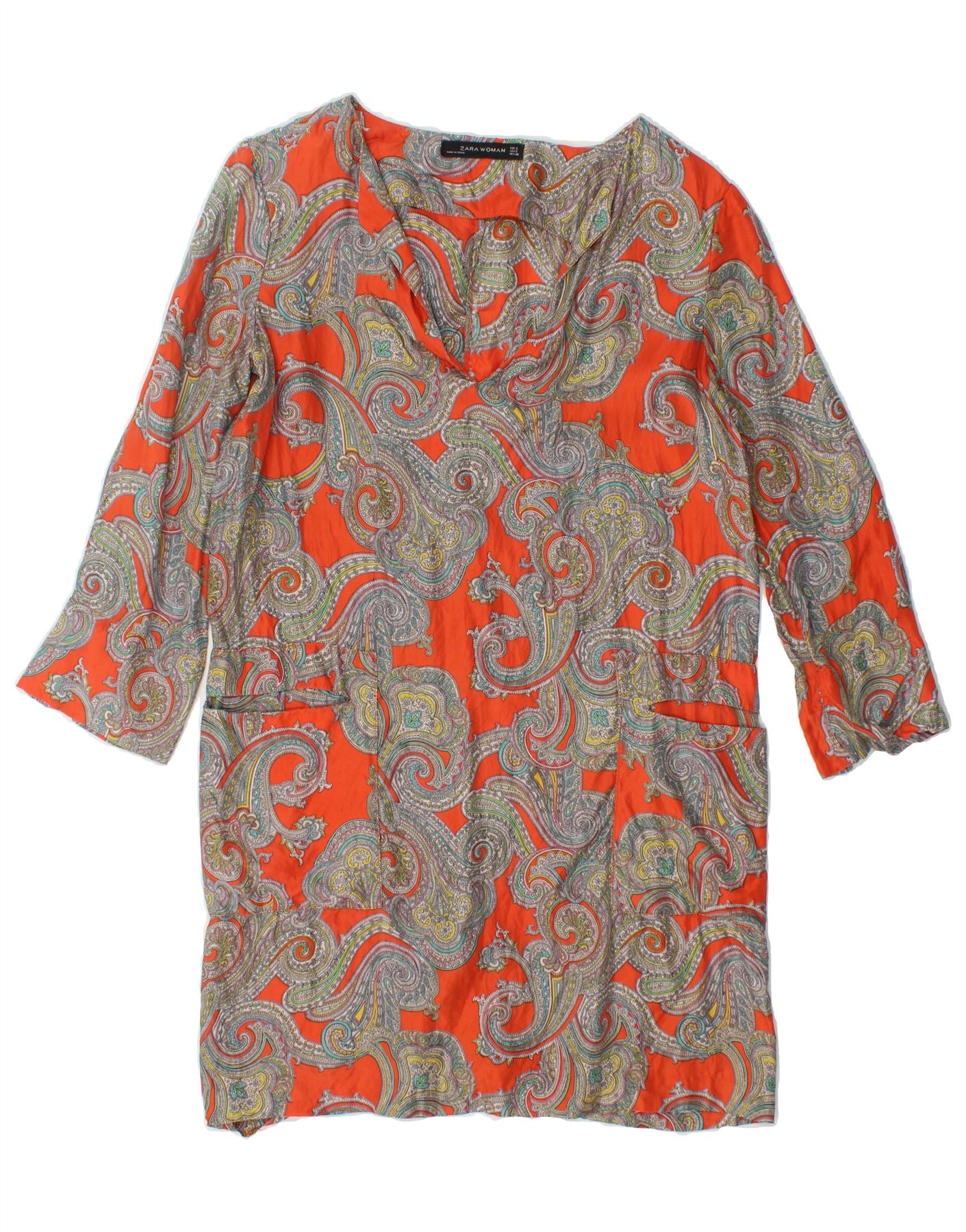 ZARA Womens 3/4 Sleeve Shift Dress UK 10 Small Orange Paisley