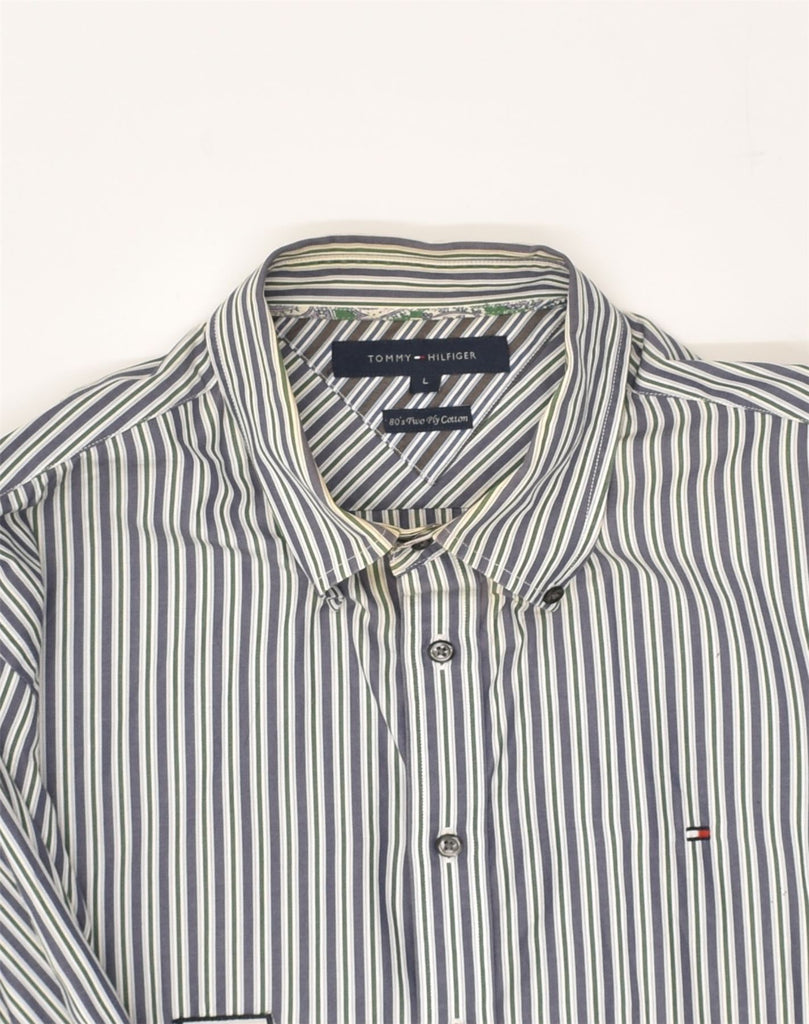 TOMMY HILFIGER Mens Shirt Large Grey Striped Cotton | Vintage Tommy Hilfiger | Thrift | Second-Hand Tommy Hilfiger | Used Clothing | Messina Hembry 