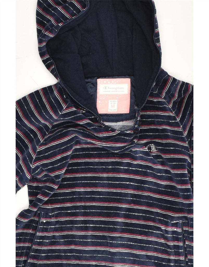 CHAMPION Girls Hoodie Jumper 9-10 Years Medium  Navy Blue Striped Cotton | Vintage Champion | Thrift | Second-Hand Champion | Used Clothing | Messina Hembry 