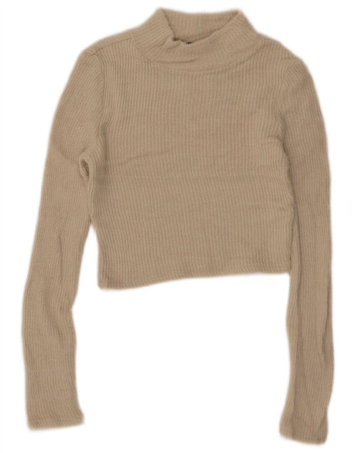 Zara Womens Crop Turtle Neck Jumper Sweater UK 8 Small Beige Polyamide
