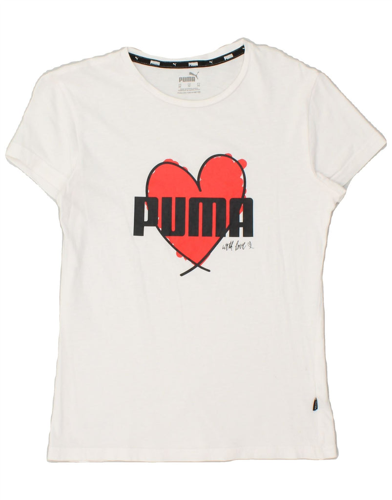 PUMA Womens Graphic T-Shirt Top UK 6 XS White | Vintage Puma | Thrift | Second-Hand Puma | Used Clothing | Messina Hembry 