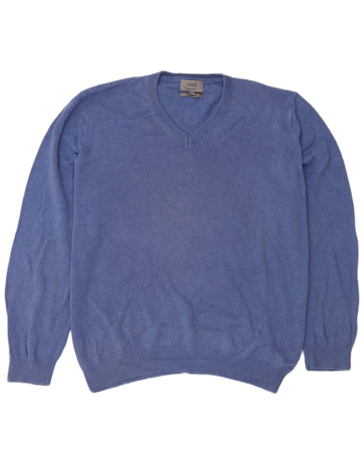 Marks & Spencer Mens V-Neck Jumper Sweater XL Blue Cotton