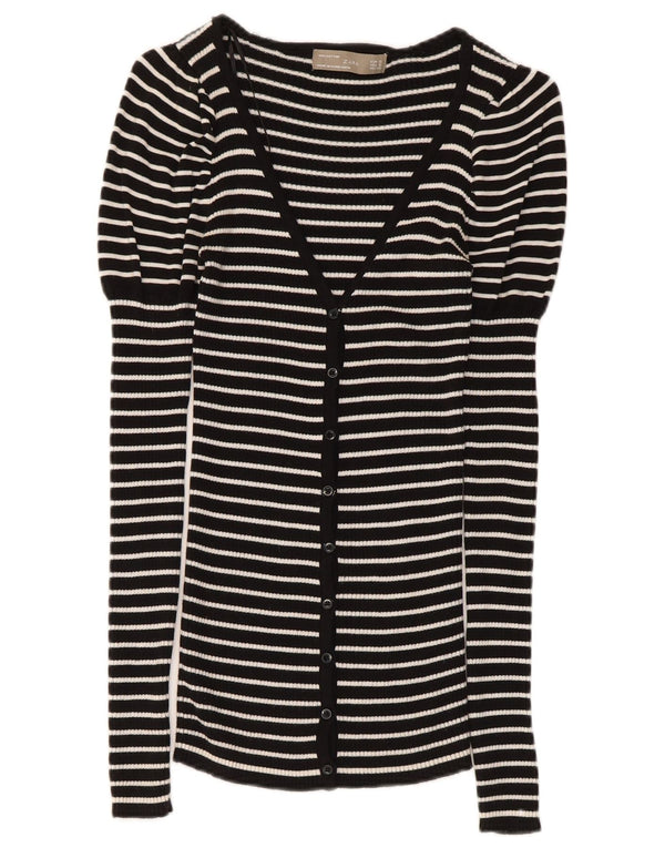 Zara Womens Cardigan Sweater UK 8 Small Black Striped Cotton